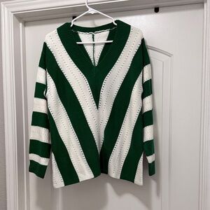 Green and White Striped Women's Sweater
